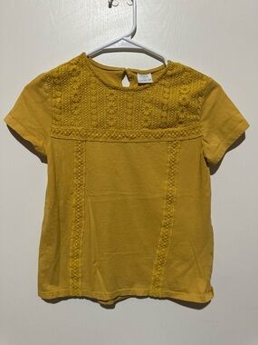 Zara Girls Mustard Embroidered Lace-Trim Tee